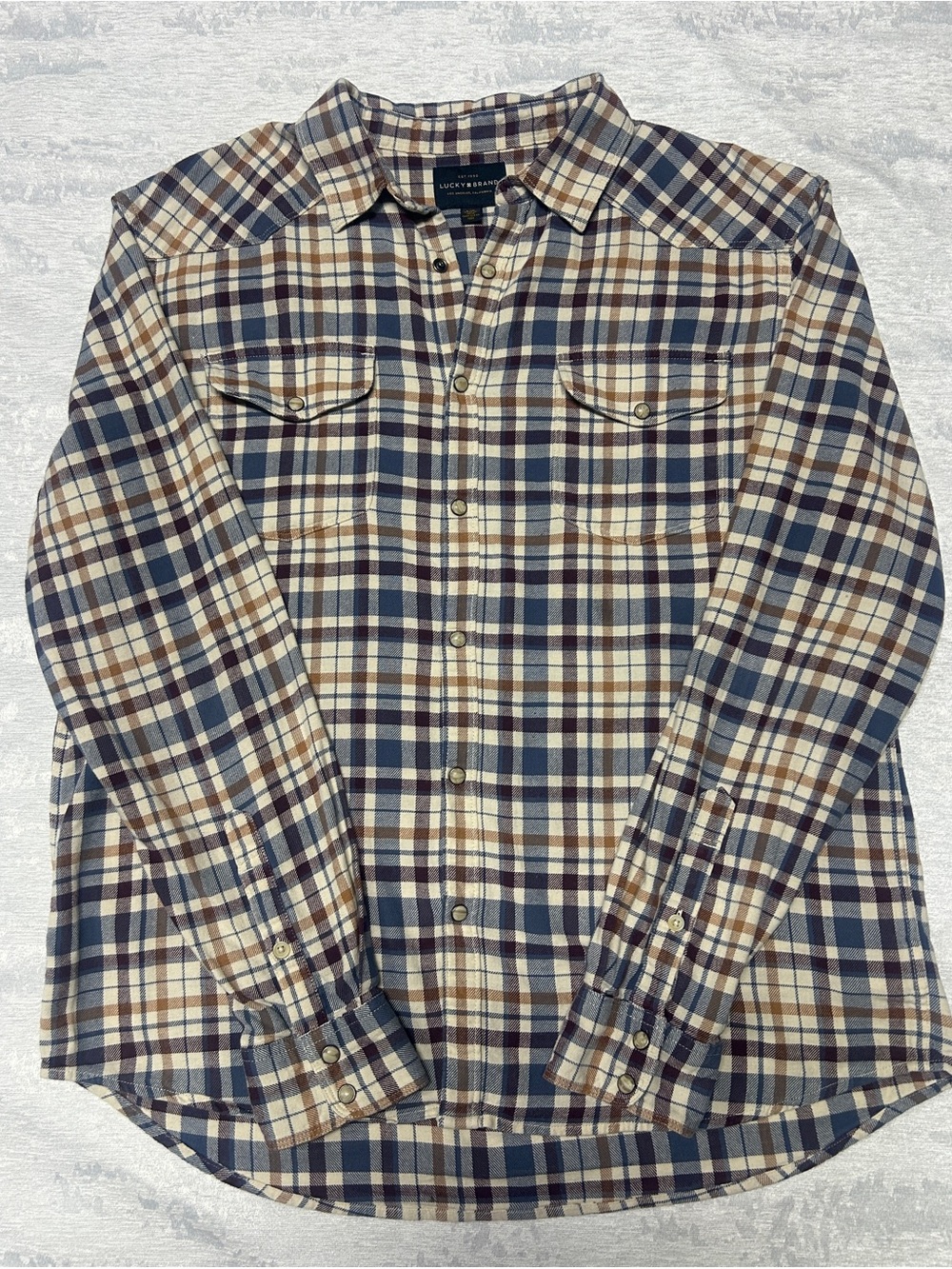 Lucky Brand Mens Large Pearl Snap Shirt Plaid Checkered Western Woven EUC